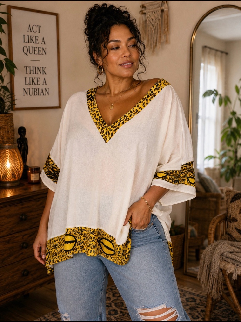 Nubian Queen Linen Blend Tunic Top Size 3X African Print V-Neck Boho
